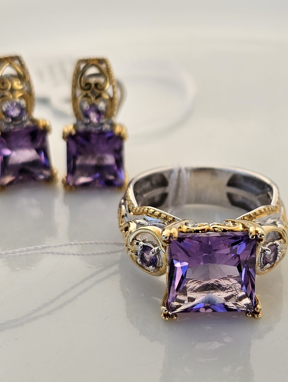 Gems En Vogue Amethyst Ring & Earrings Palladium Sterling Silver 18k Size 7! NWT - Picture 8 of 8